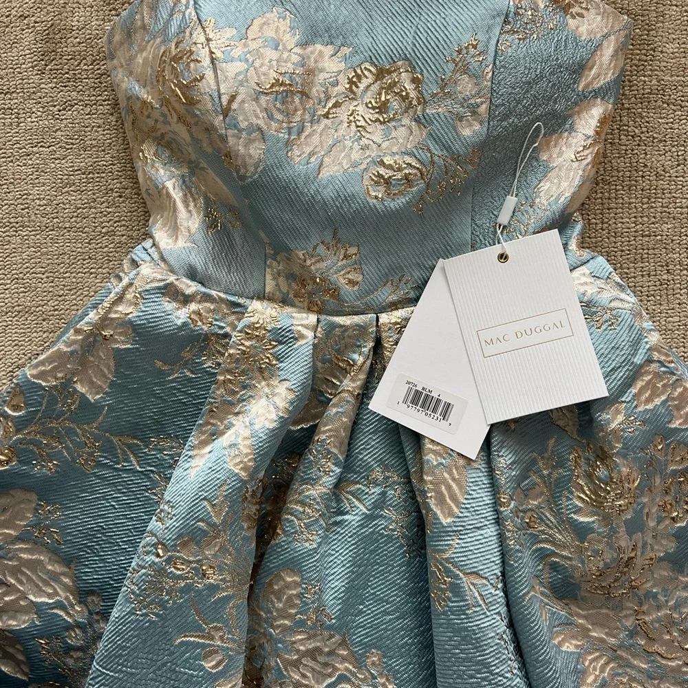 Mac Duggal Strapless Brocade Midi Dress with Pockets NWT Blue Multi - Picture 2 of 15